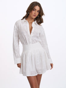 Quisha Embroidered Cotton Gauze Gathered A-Line Mini Skirt | White