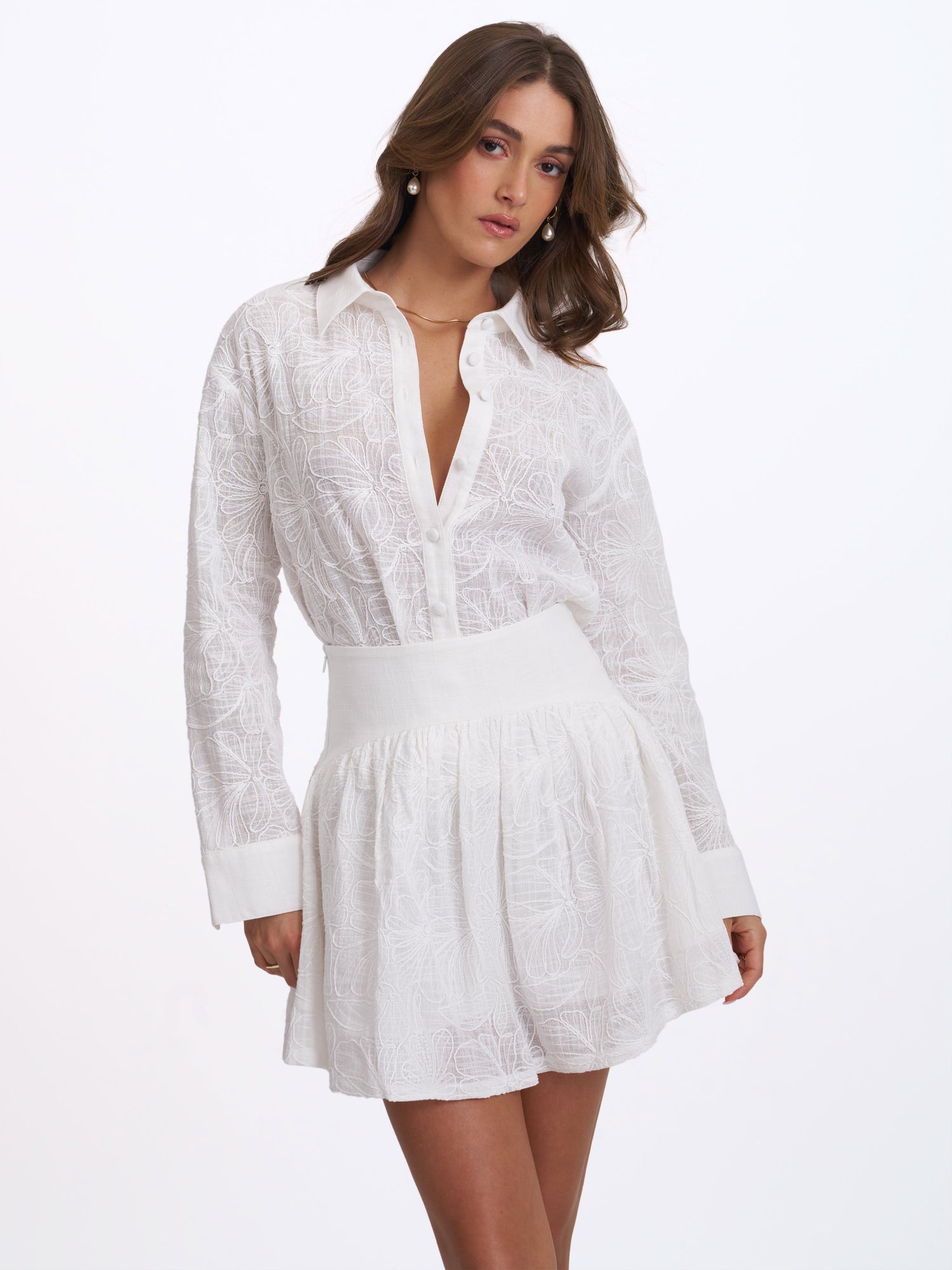 Quisha Embroidered Cotton Gauze Gathered A-Line Mini Skirt | White