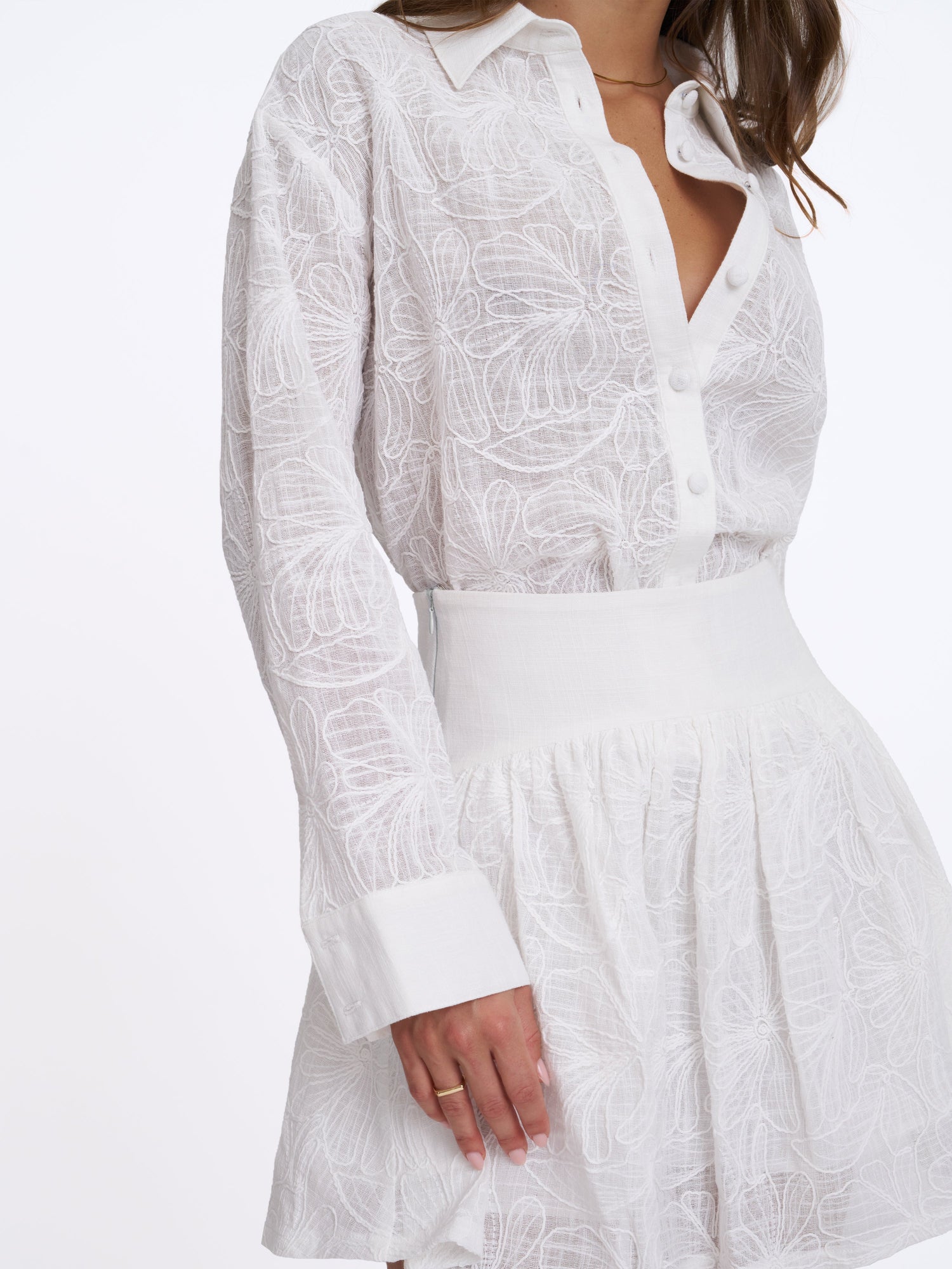 Quintina Embroidered Cotton Gauze Button-Down Shirt | White