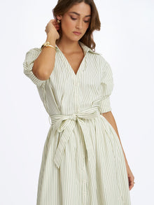 Danica Bamboo Poplin Striped Shirt Midi Dress | Pine Green