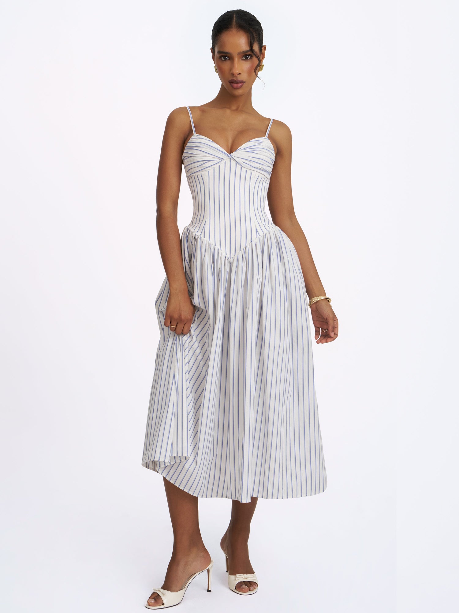 Olea Striped Cotton Poplin Ruched Midi Dress | Sky Blue