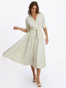 Danica Bamboo Poplin Striped Shirt Midi Dress | Pine Green