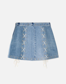 Womens | Upcycled Vintage | Denim Laced Midi Skirt | One-of-a-kind | Indigo