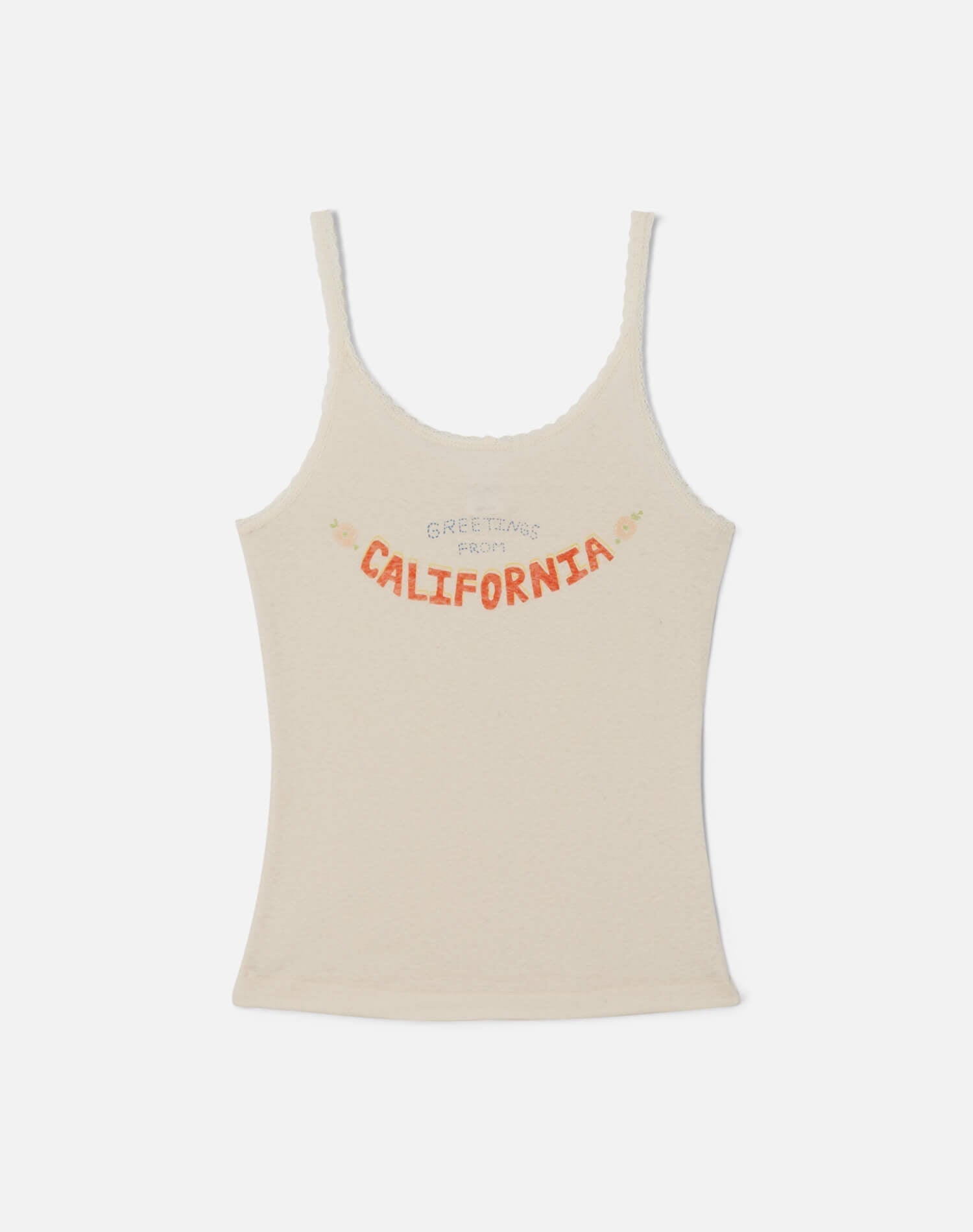 Womens | Lace Strap "Greetings From CA" Tank | Vintage White