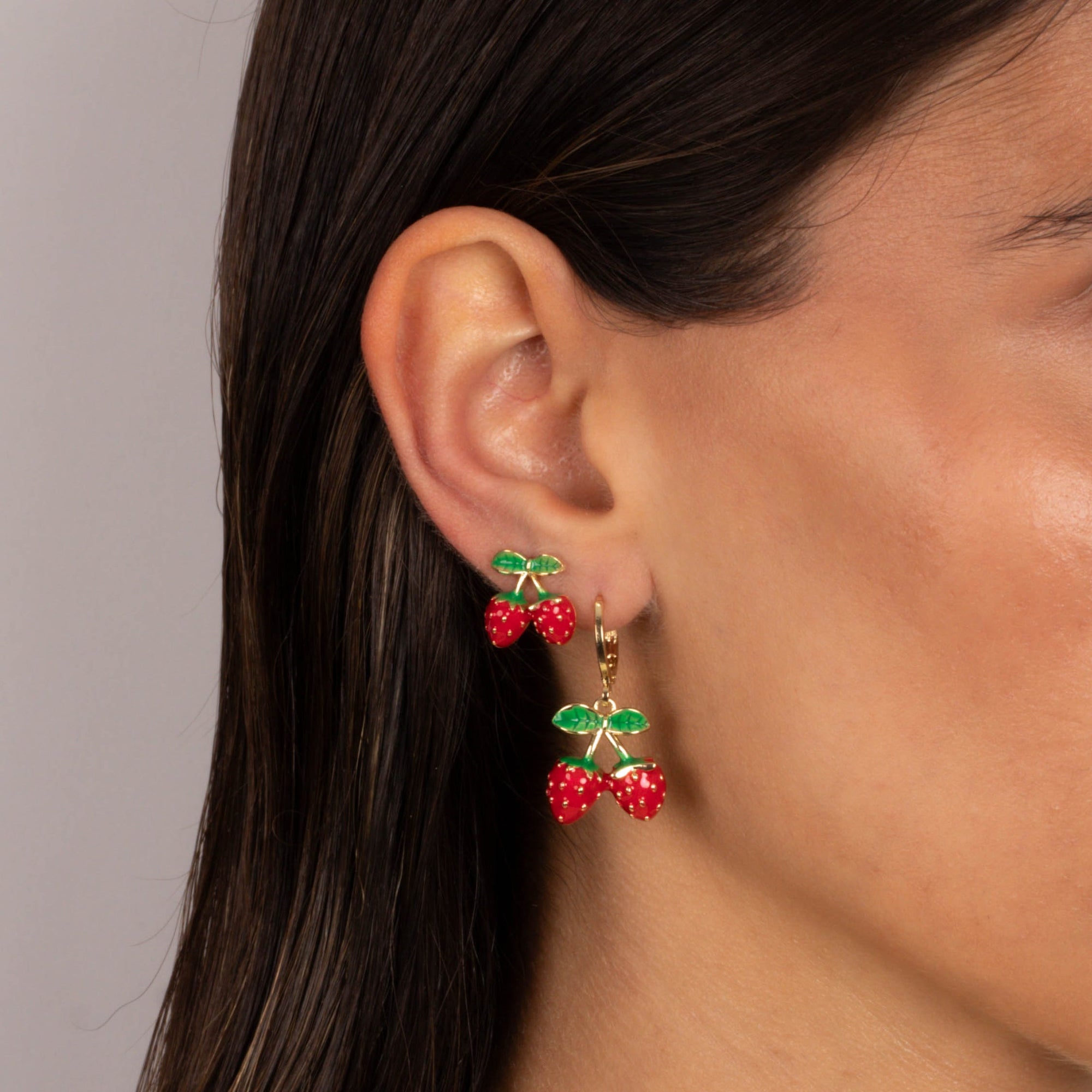 Colored Enamel Dangling Double Strawberry Huggie Earring - Adina's Jewels