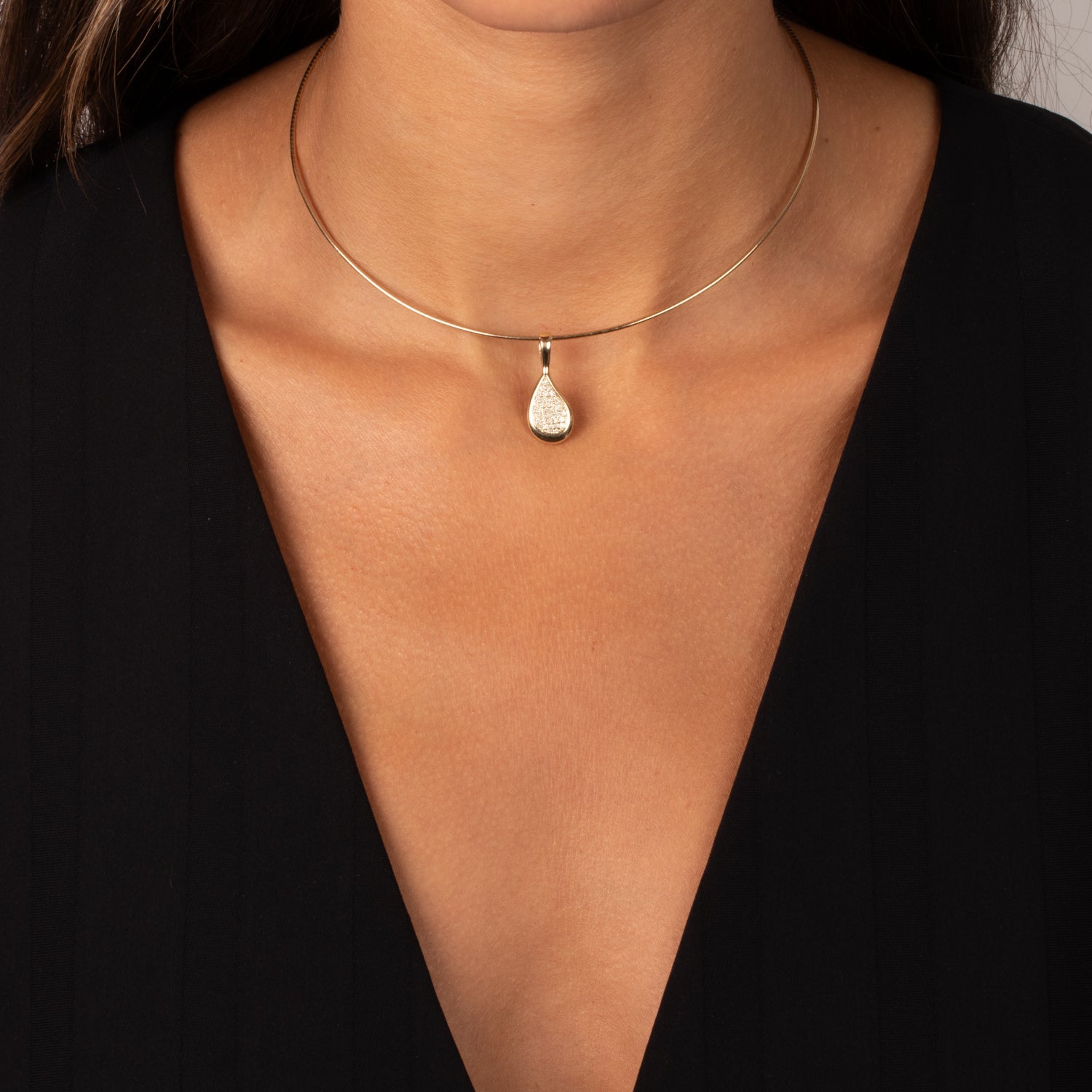 Diamond Pave Curved Pear Omega Chain Necklace 14K - Adina's Jewels