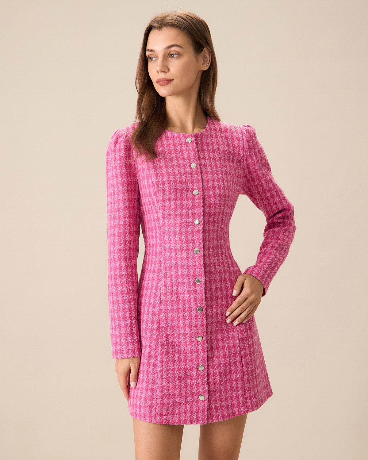 Women's Pink Single-breasted Tweed Mini Dress