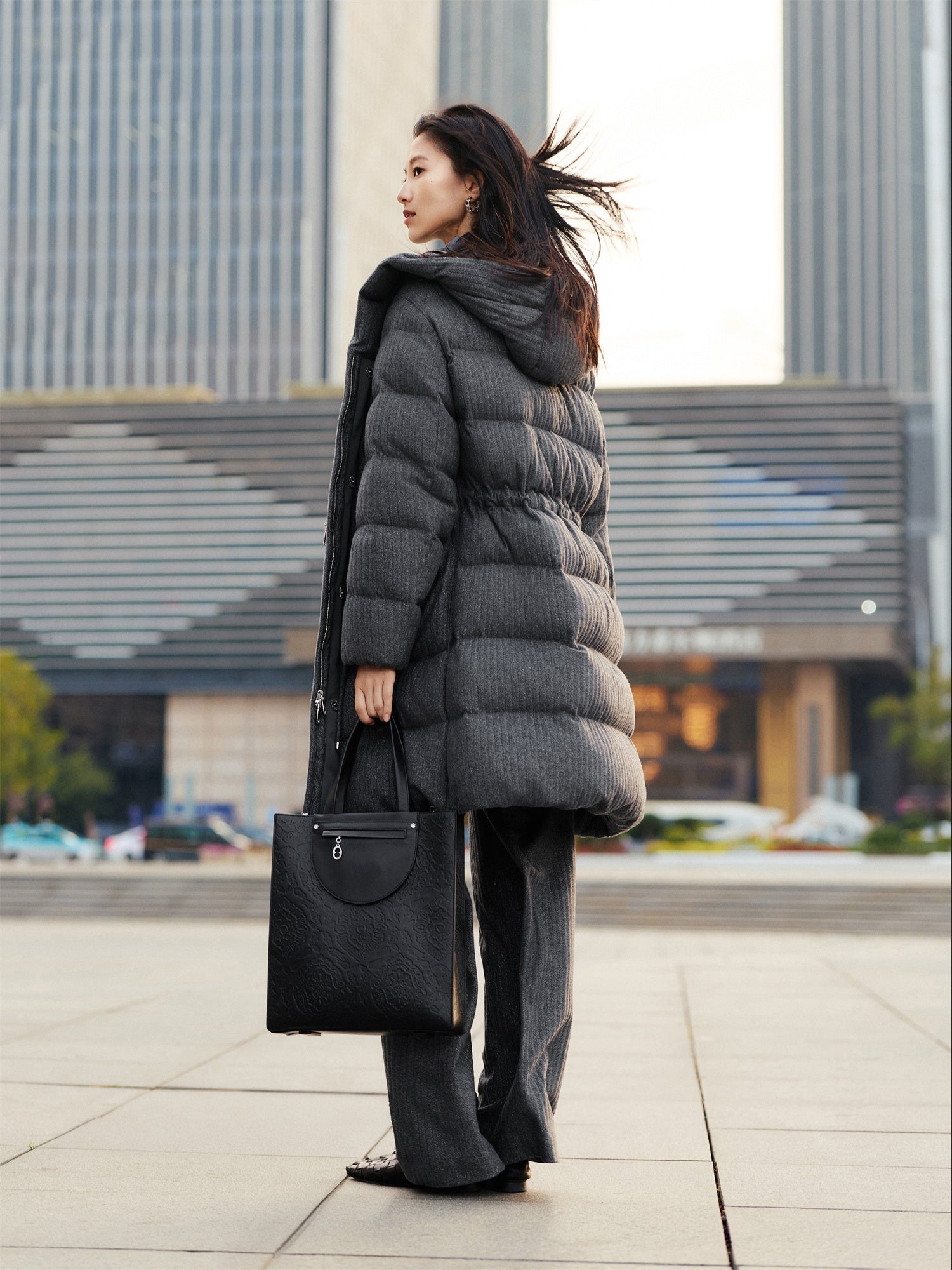 Wool-Blend Long Down Coat | Grey