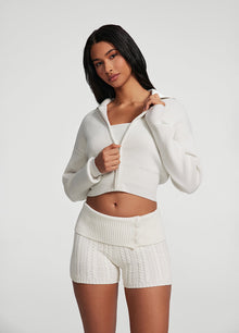 Knit Cropped Zip-Up Jacket | White