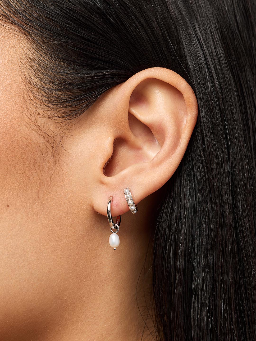 Pearl Huggie Hoops - Ashley Silver | Sterling Silver | Glass Pearls