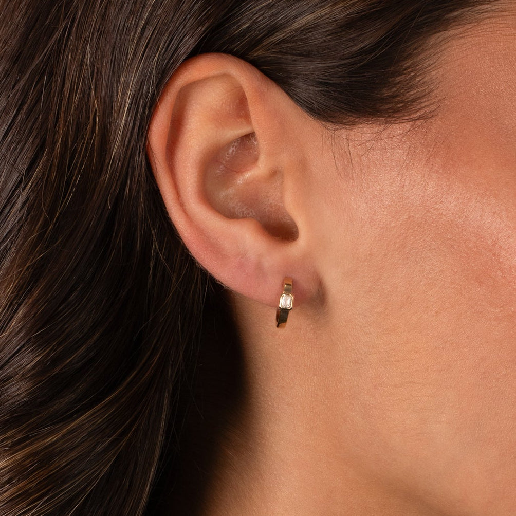 Diamond Emerald Bezel Wide Huggie Earring 14K - Adina's Jewels