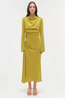 Chartreuse satin midi dress with long sleeves, draped cowl neckline, and ruched waist detail.