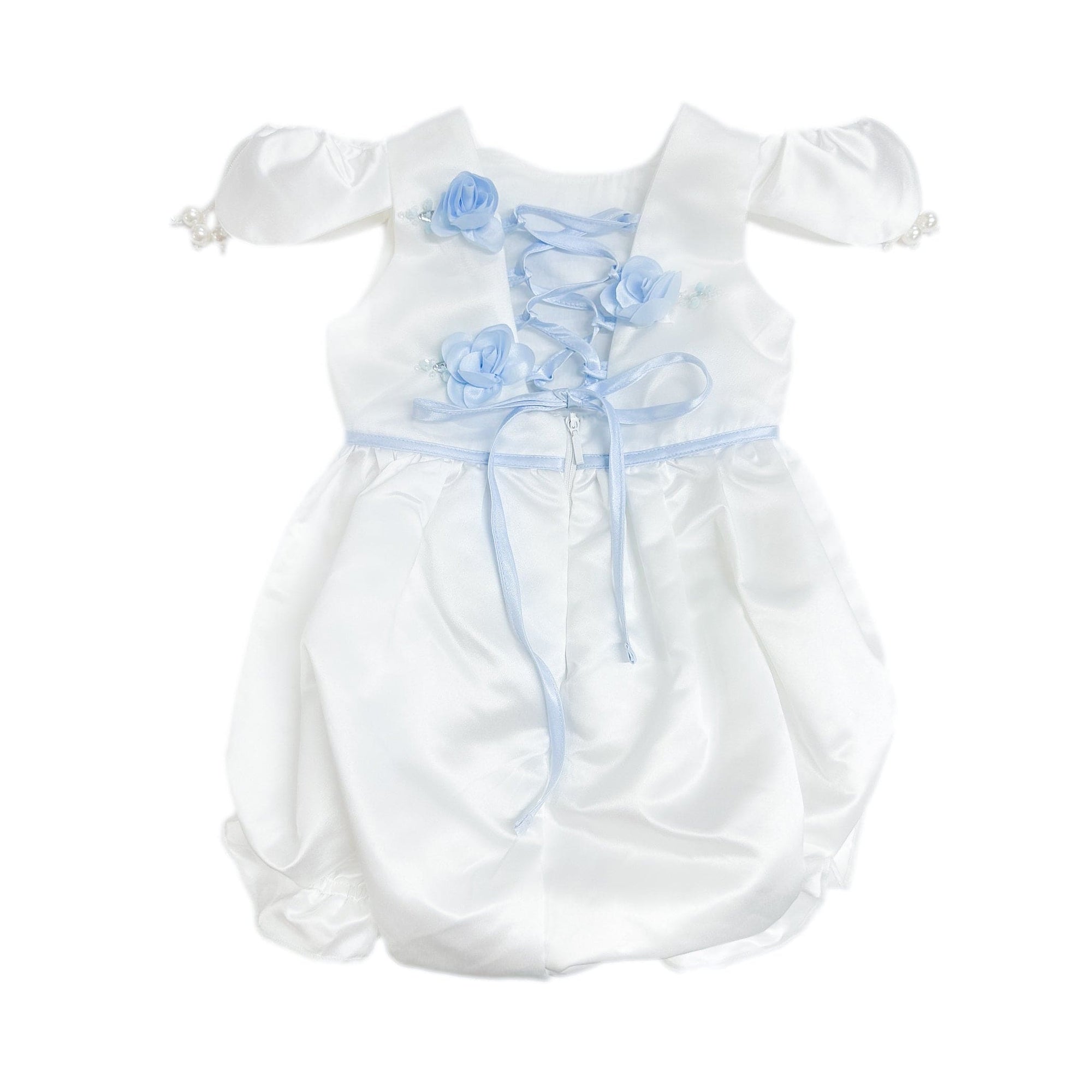 Daphne White Satin Romper with Blue Embroidery | Blue