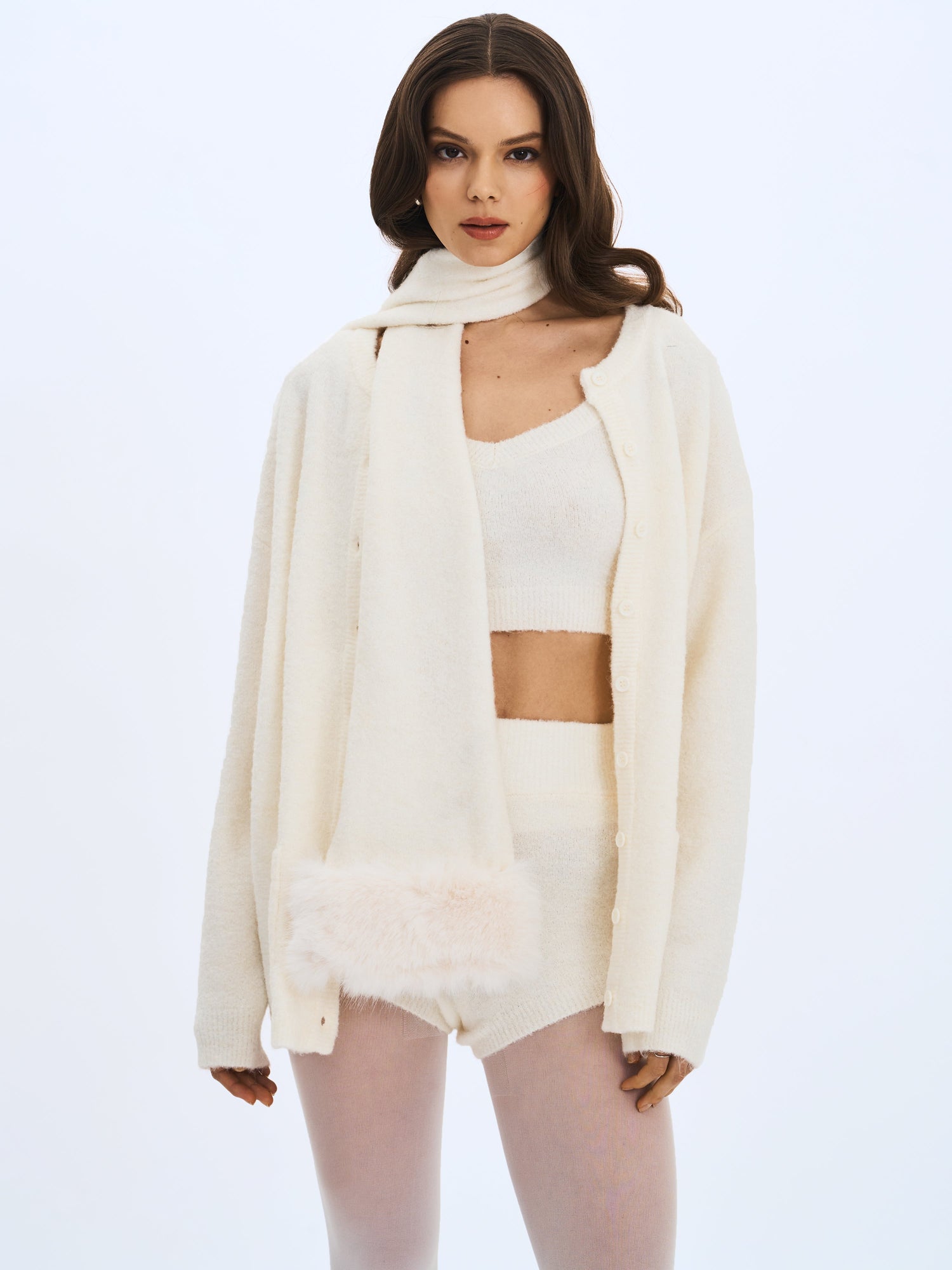 Selene Wool-Blend Ribbed Knit V-Neck Top | White