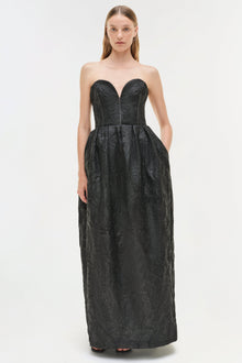 Black jacquard strapless bustier gown with sweetheart neckline and full-length skirt.