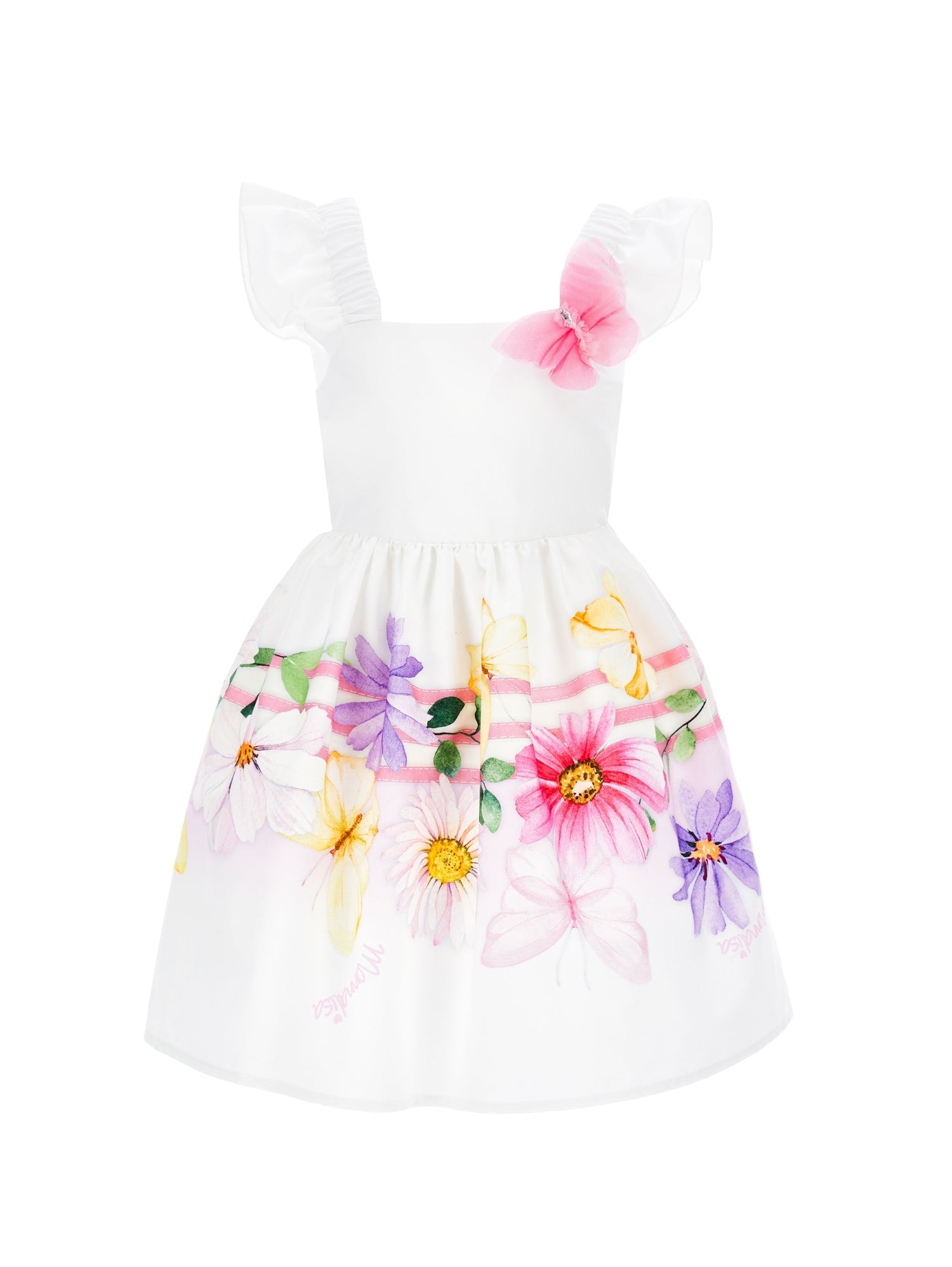 Girls | Floral Poplin Dress With Butterfly | White/Multicolor