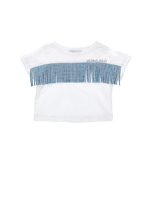 Girls | Fringed Organic Cotton T-Shirt | White/Sky Blue