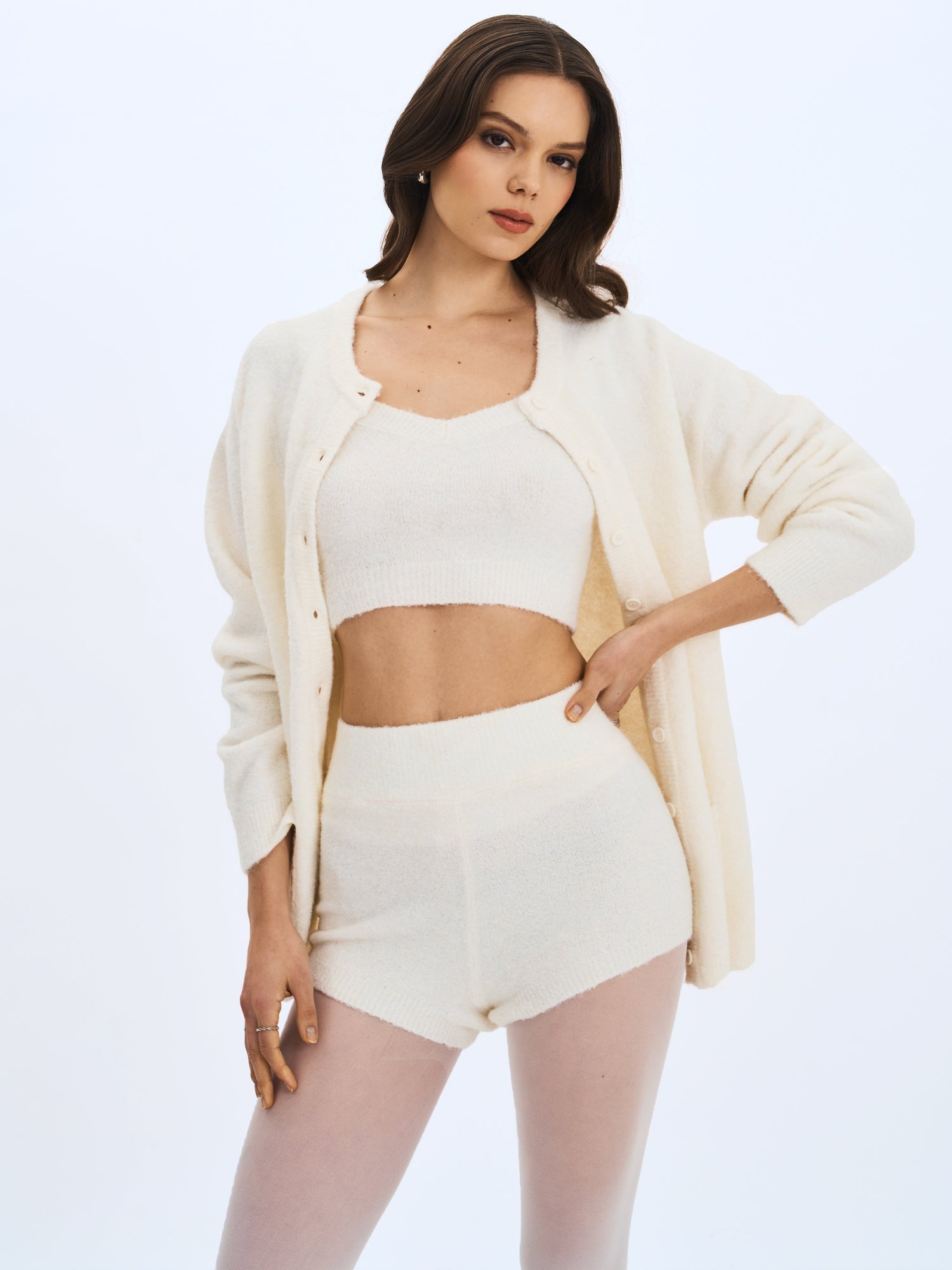 Selene Wool-Blend Ribbed Knit V-Neck Top | White