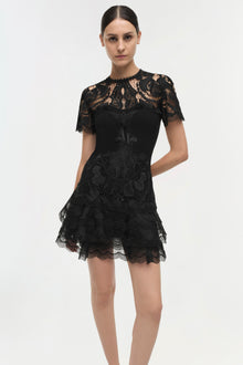 Black lace dress with short sleeves, ornamental embroidery, and layered lace hem.