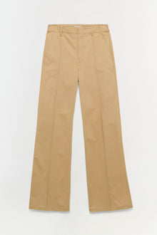 Beige wide-leg trouser with center front pleats and flat waistband on neutral background.