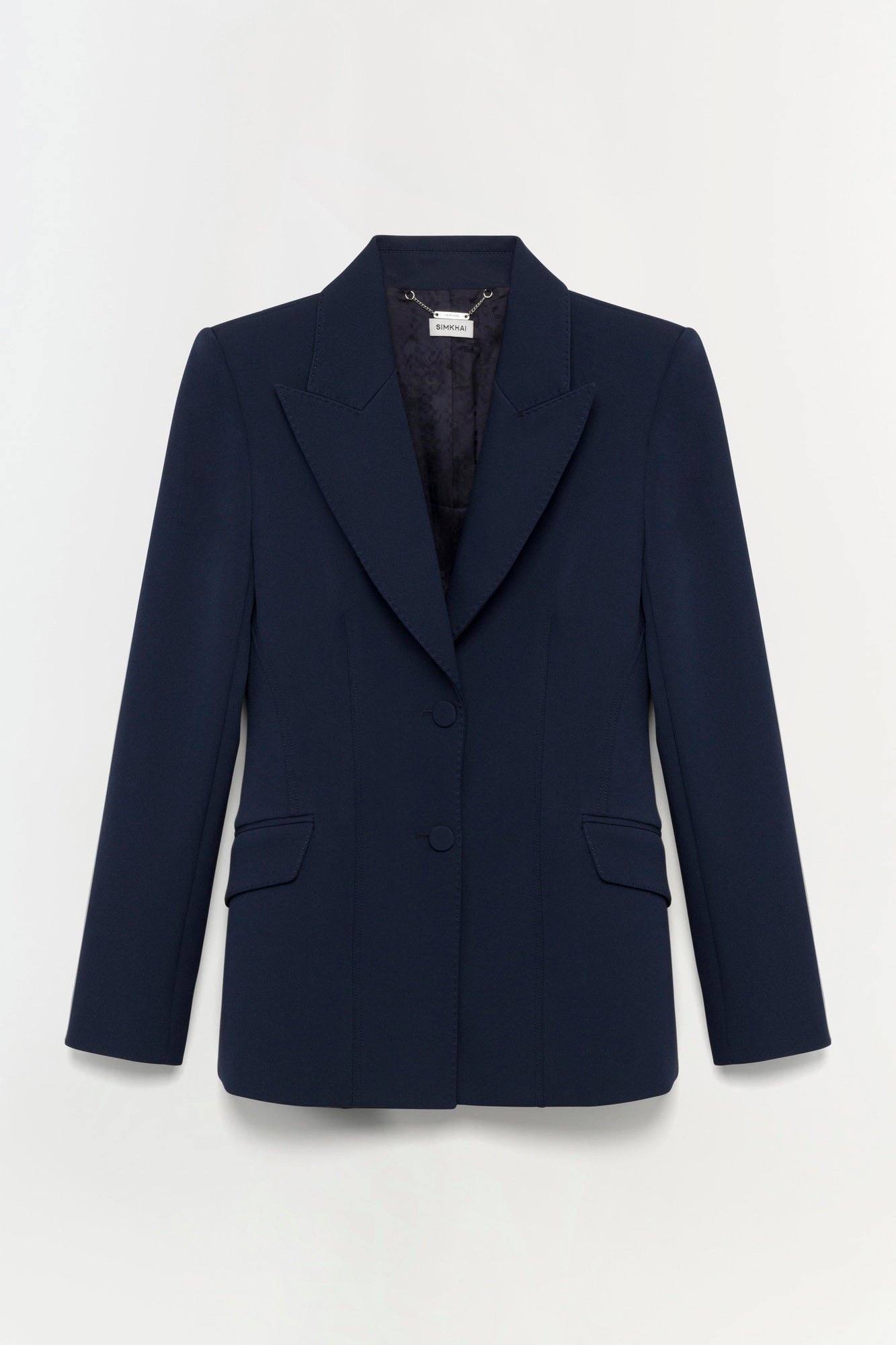 Navy blue single-breasted blazer with notch lapels, button closure, and flap pockets.