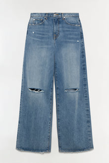 Blue denim straight crop pants with ripped knee details and frayed hem.