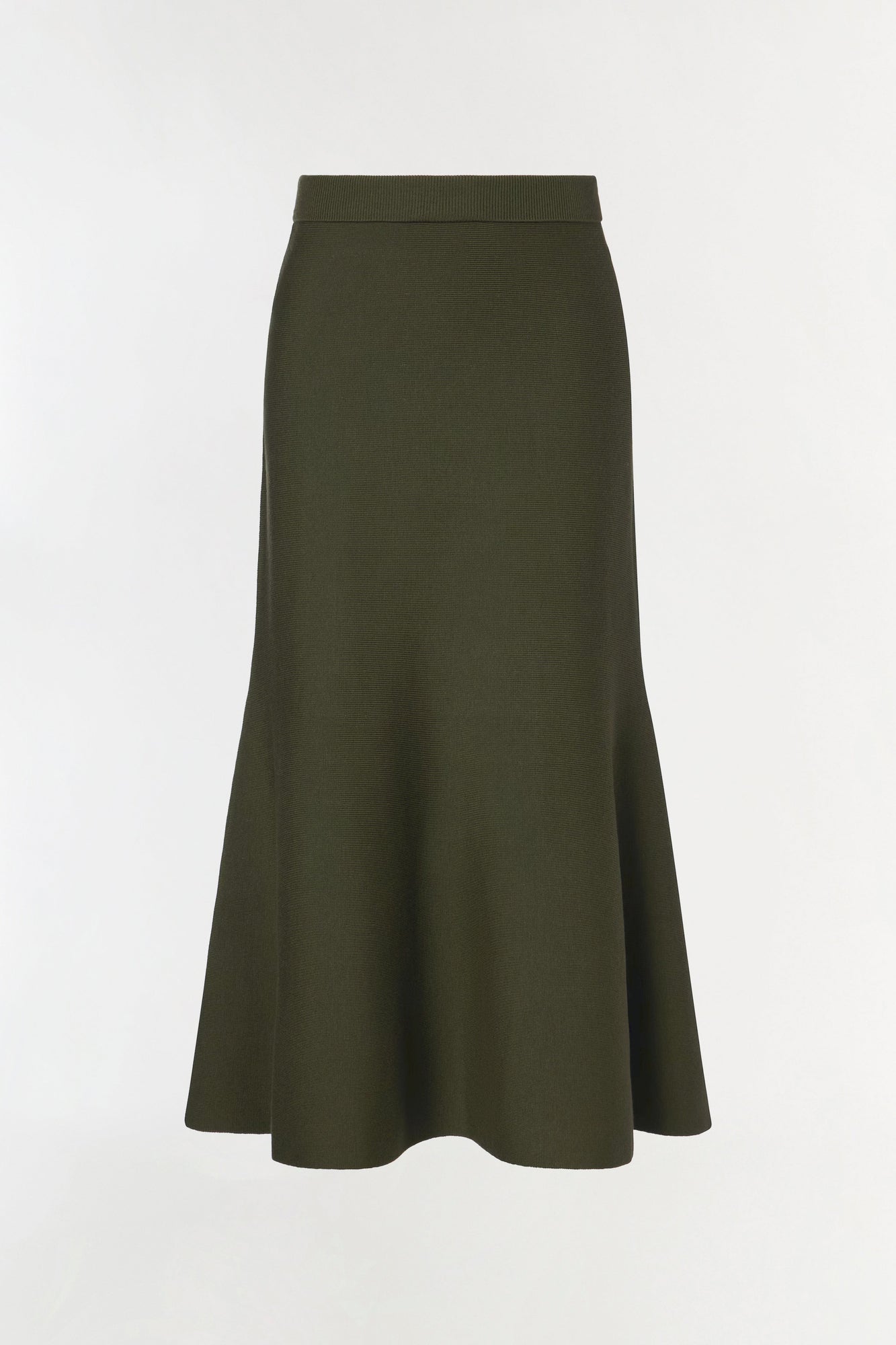 Olive green wool midi skirt with a flared A-line silhouette and ribbed waistband.