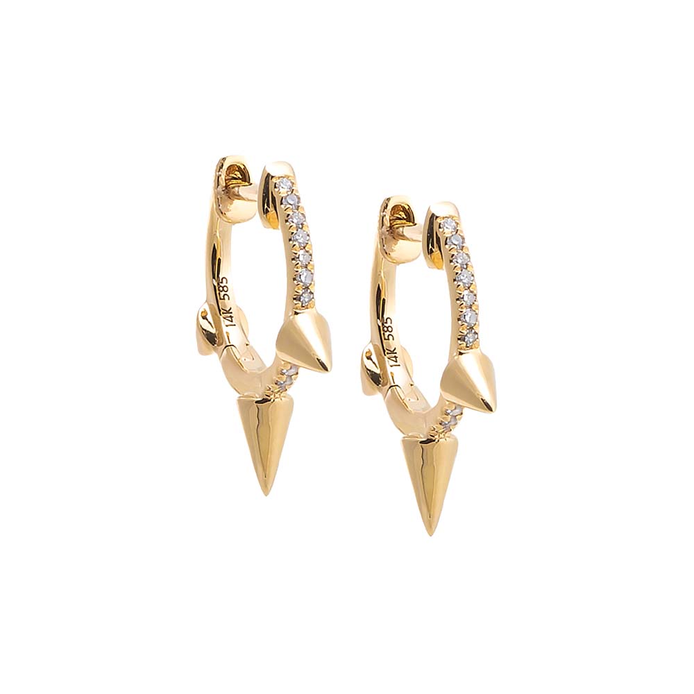 14k Gold / Pair Diamond Pave Triple Spike Huggie Earring 14K - Adina's Jewels