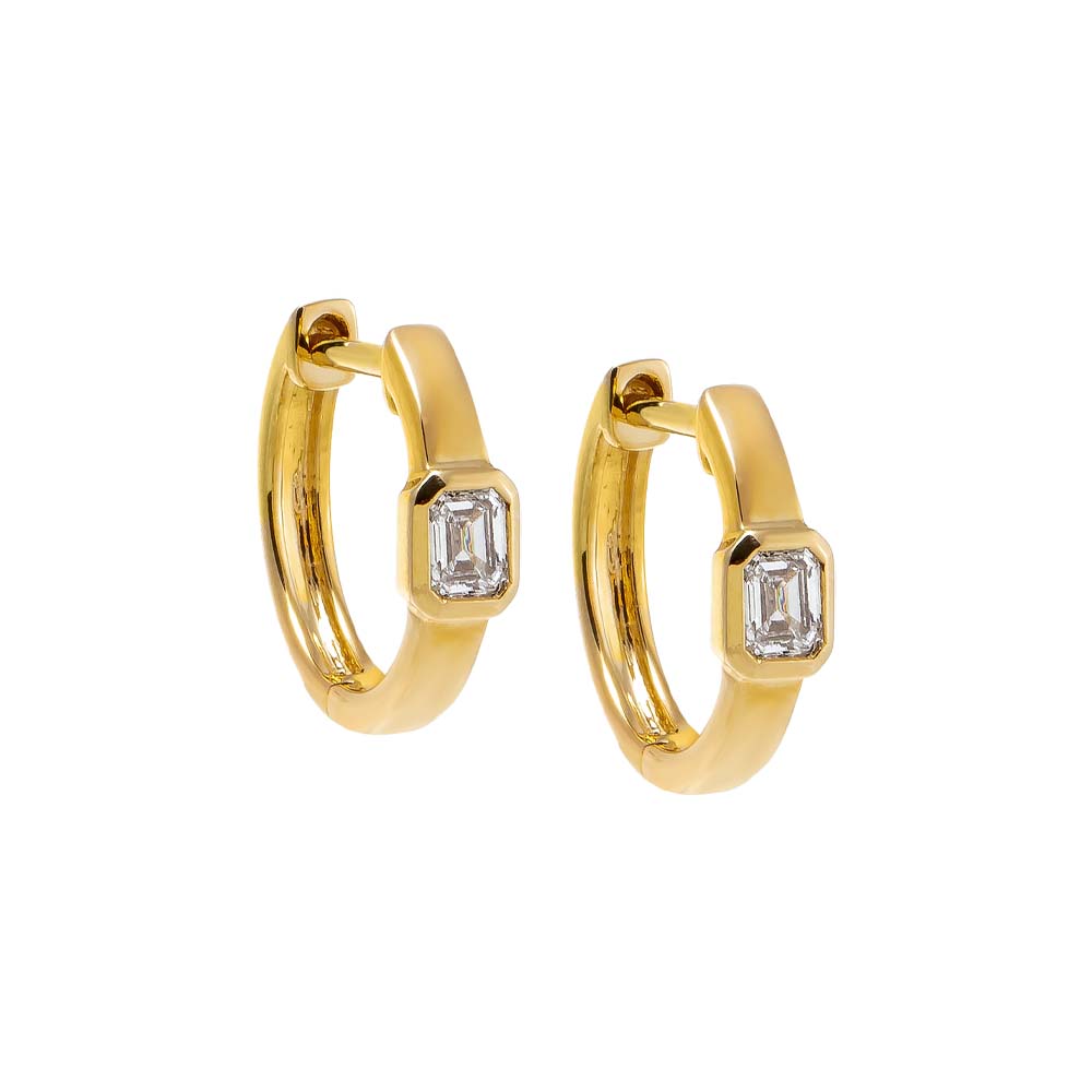 14K Gold Diamond Emerald Bezel Wide Huggie Earring 14K - Adina's Jewels