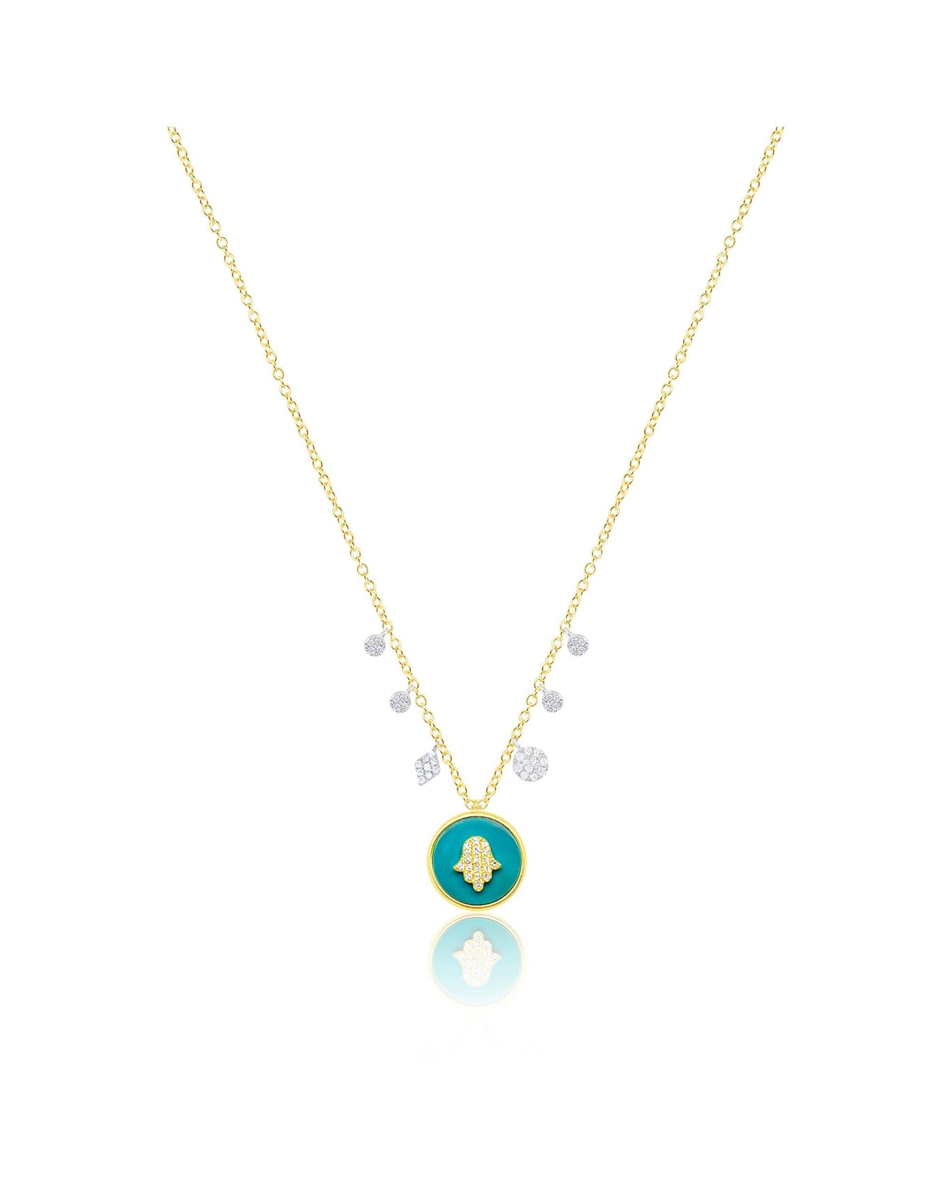 14Kt Gold and Silver Hamsa Floating Diamond Turquoise Necklace | 14K Two Tone Gold and Gold Plated Silver