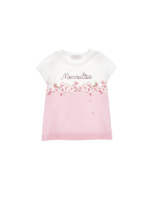 Girls | Two-Tone Cotton T-Shirt With Rhinestones | White/FairyTale Pink
