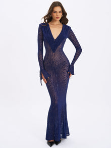 Ilyse V-Neck Plunge Animal Print Mermaid Hem Maxi Dress | Navy