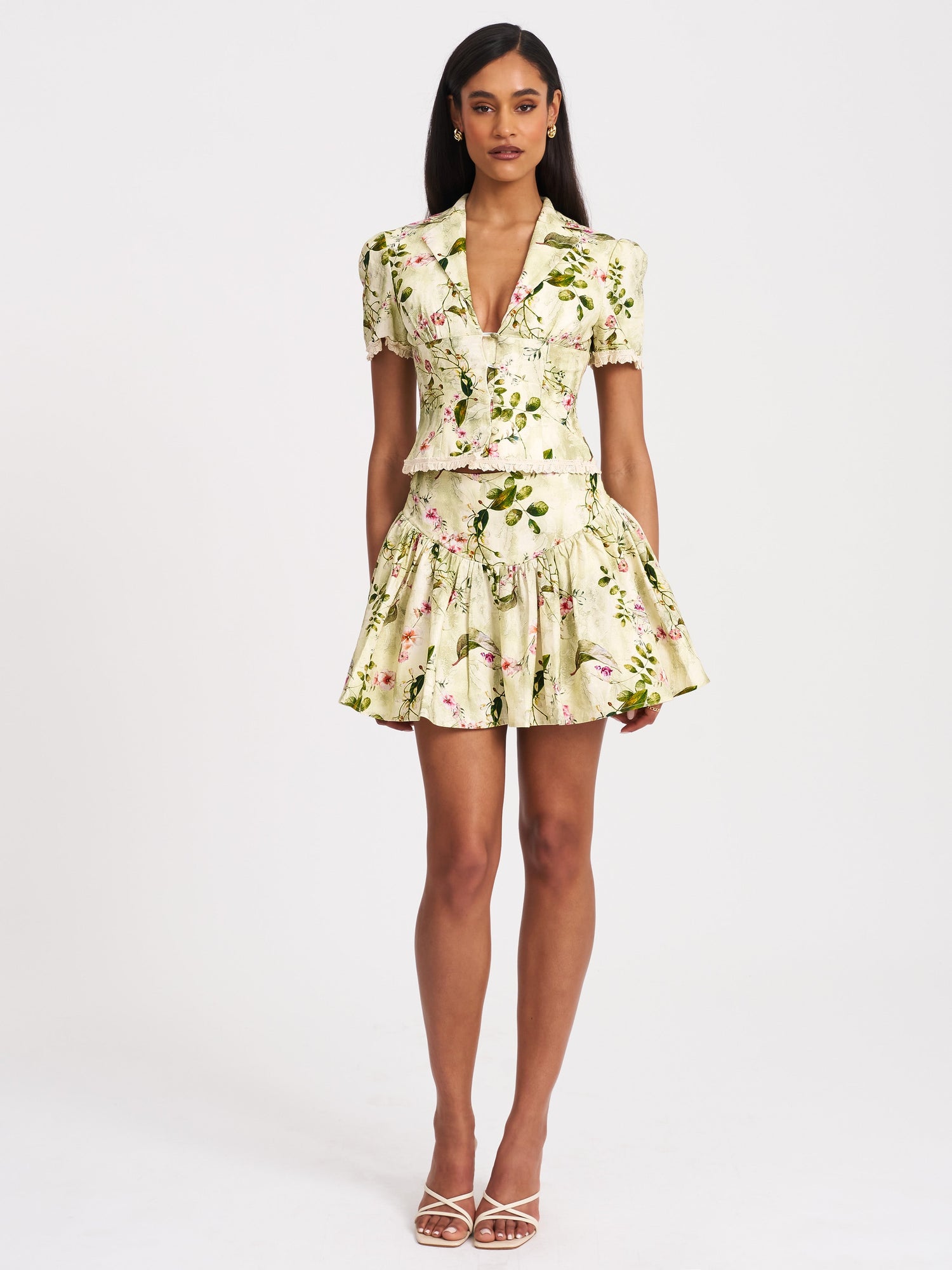 Zanelle Floral Print Drop Waist Linen Full Skirt | Green