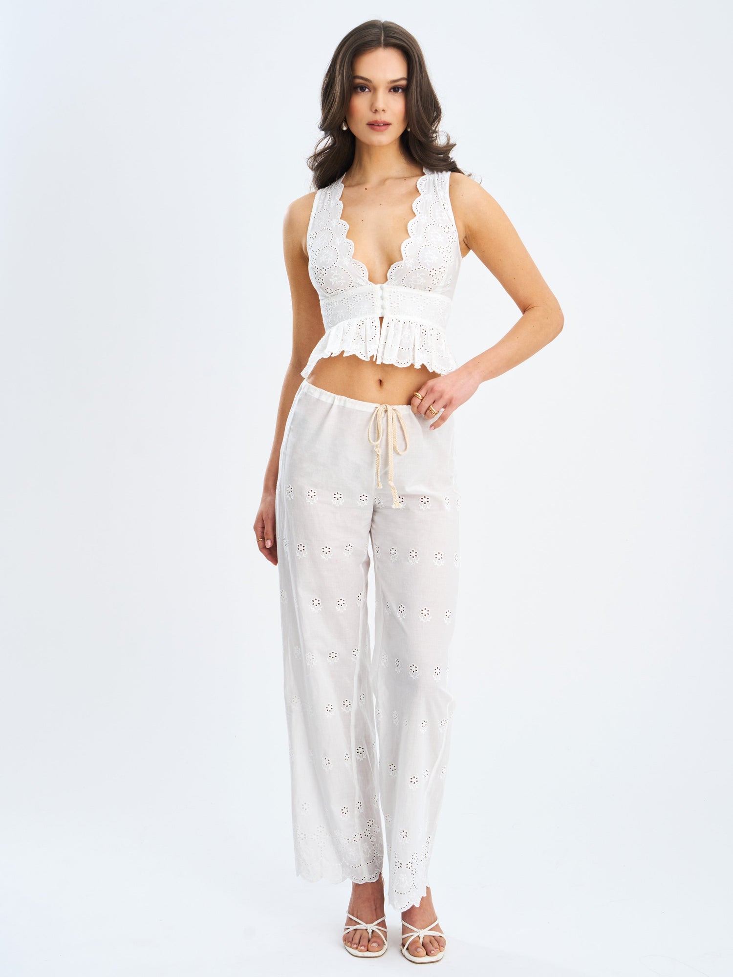 Raina Cotton Eyelet Straight Pants | White