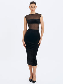 Quielle Mesh and Velvet Midi Bodycon Dress | Black