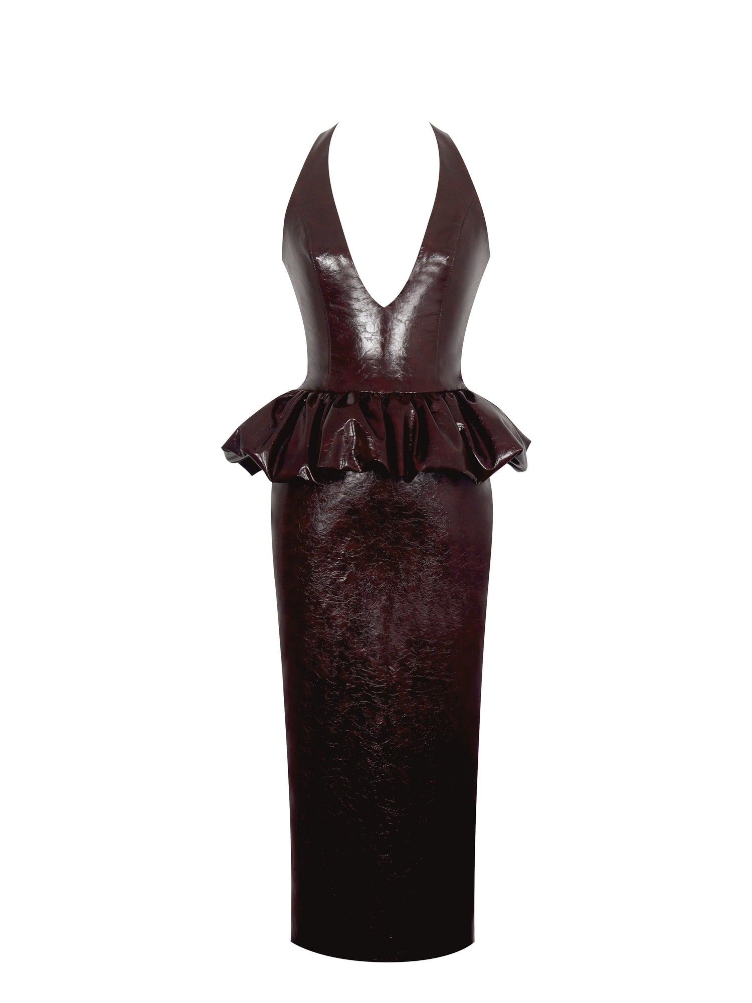 Jaslene Ruched Peplum Plunge Halter Midi Dress | Mahogany