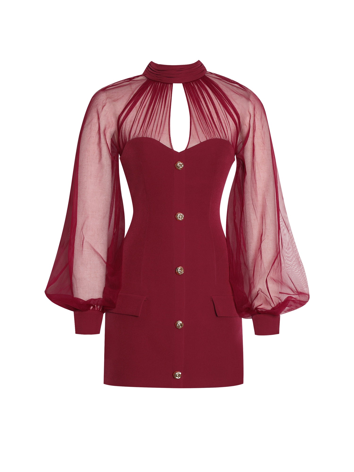 Tabitha Mesh Lantern Sleeve Mini Dress | Burgundy