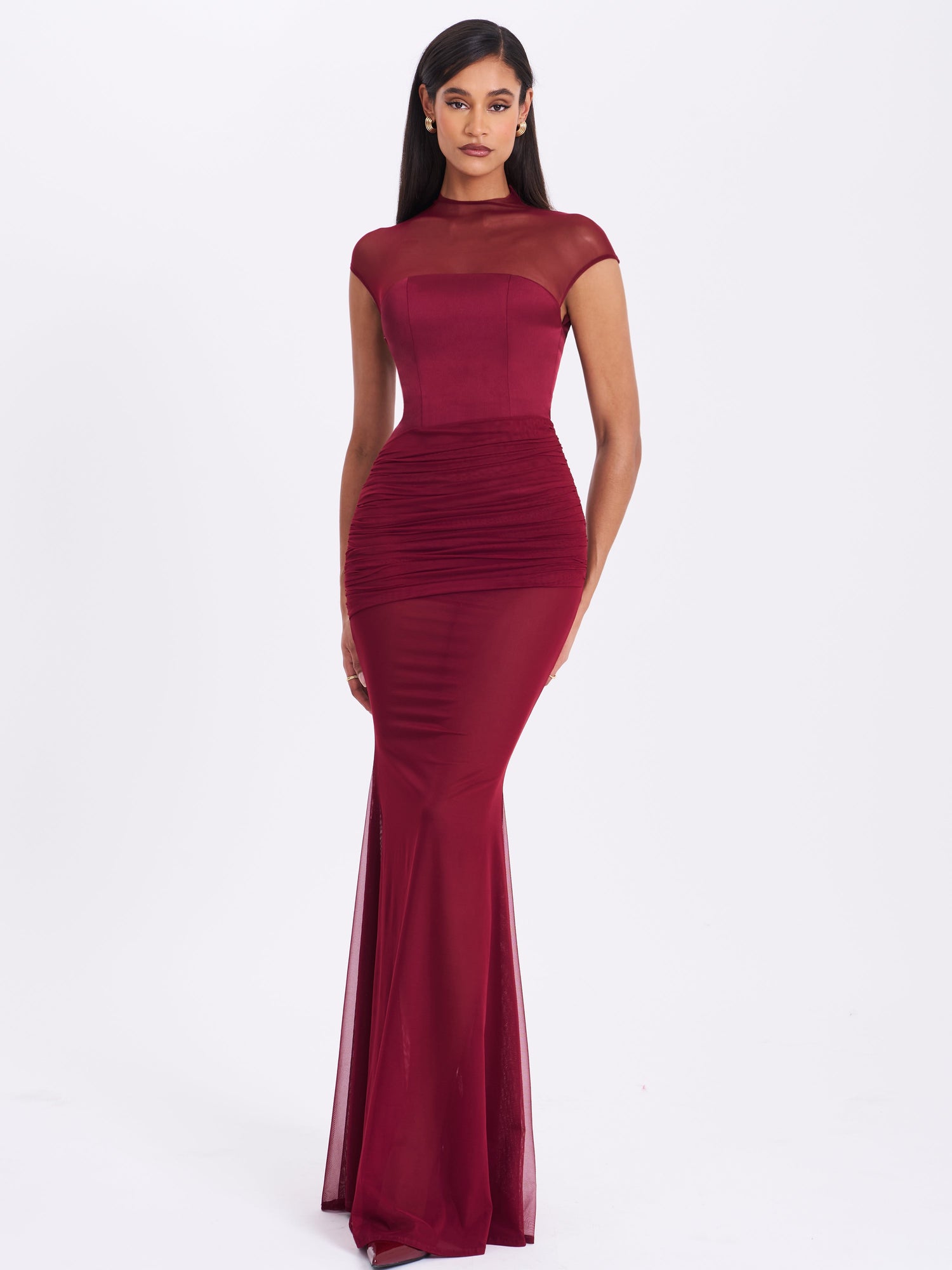 Fabienne Mesh Cap Sleeve Mermaid Gown | Burgundy