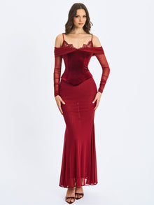 Maybelle Bardot Lace Strap Peplum Maxi Dress | Magenta