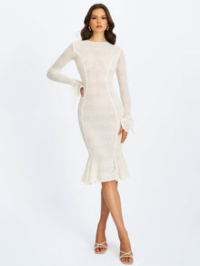 Pamina Crochet Long Sleeve Midi Flare Mermaid Dress | Beige
