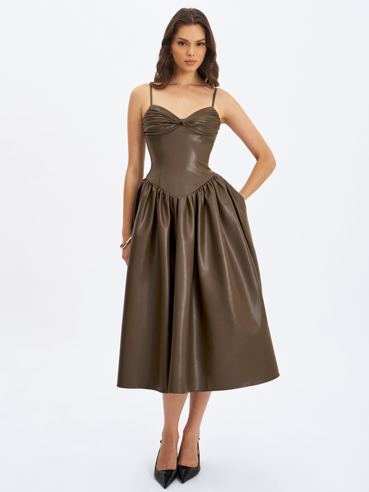 Parisia Vegan Leather Drop Waist Midi Dress | Cocoa