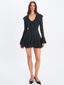Omari Chiffon Polka Dot Ruffled Neckline Mini Dress | Black