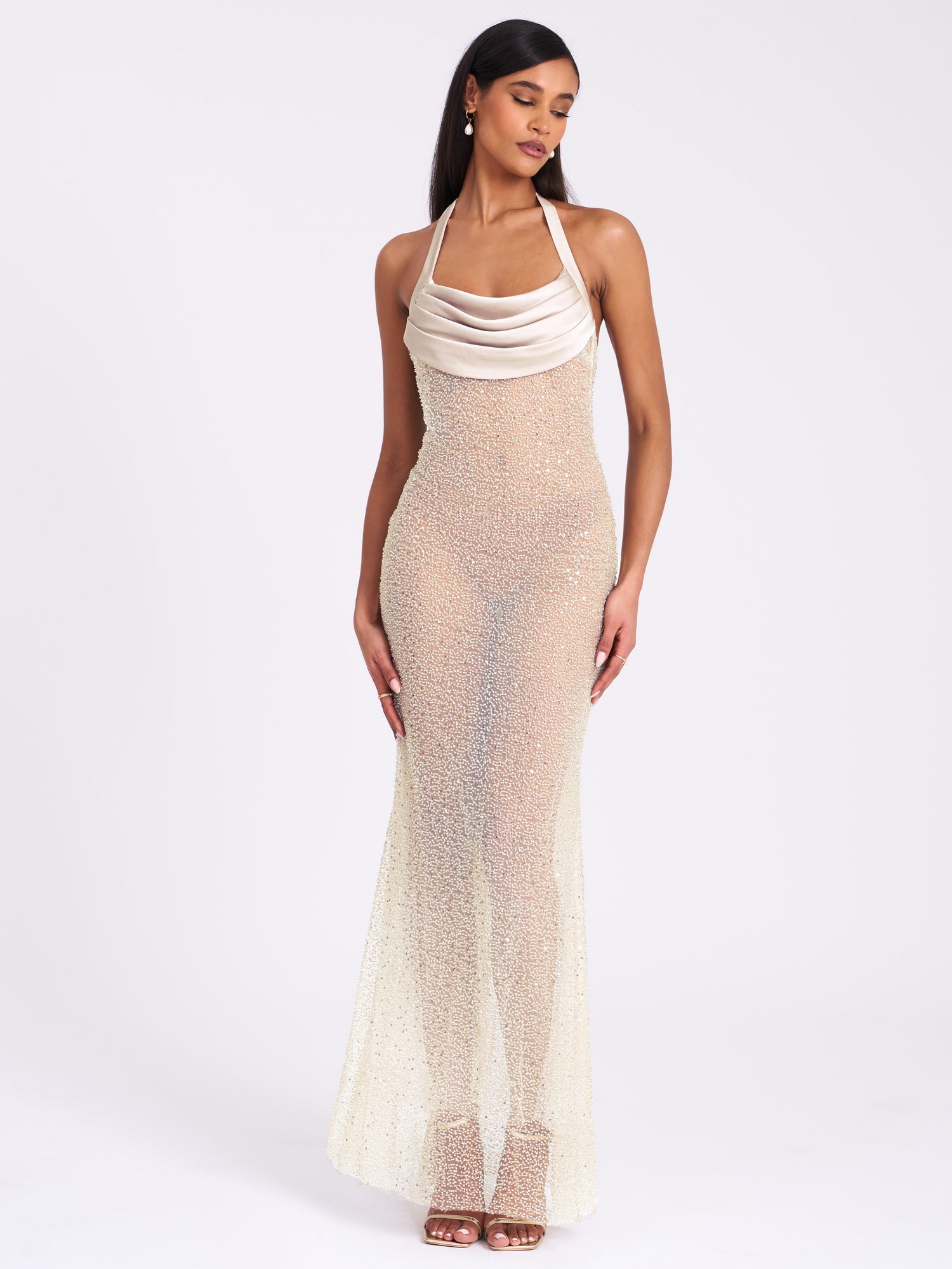 Zahya Halter Backless Beaded Mesh Gown | Lime