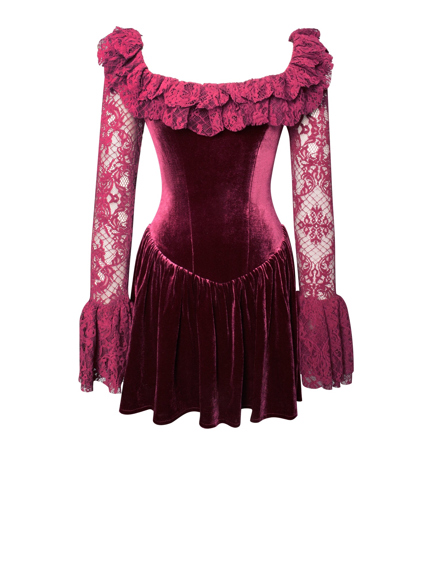 Yachira Velvet Lace Flare Sleeve Mini Dress | Burgundy