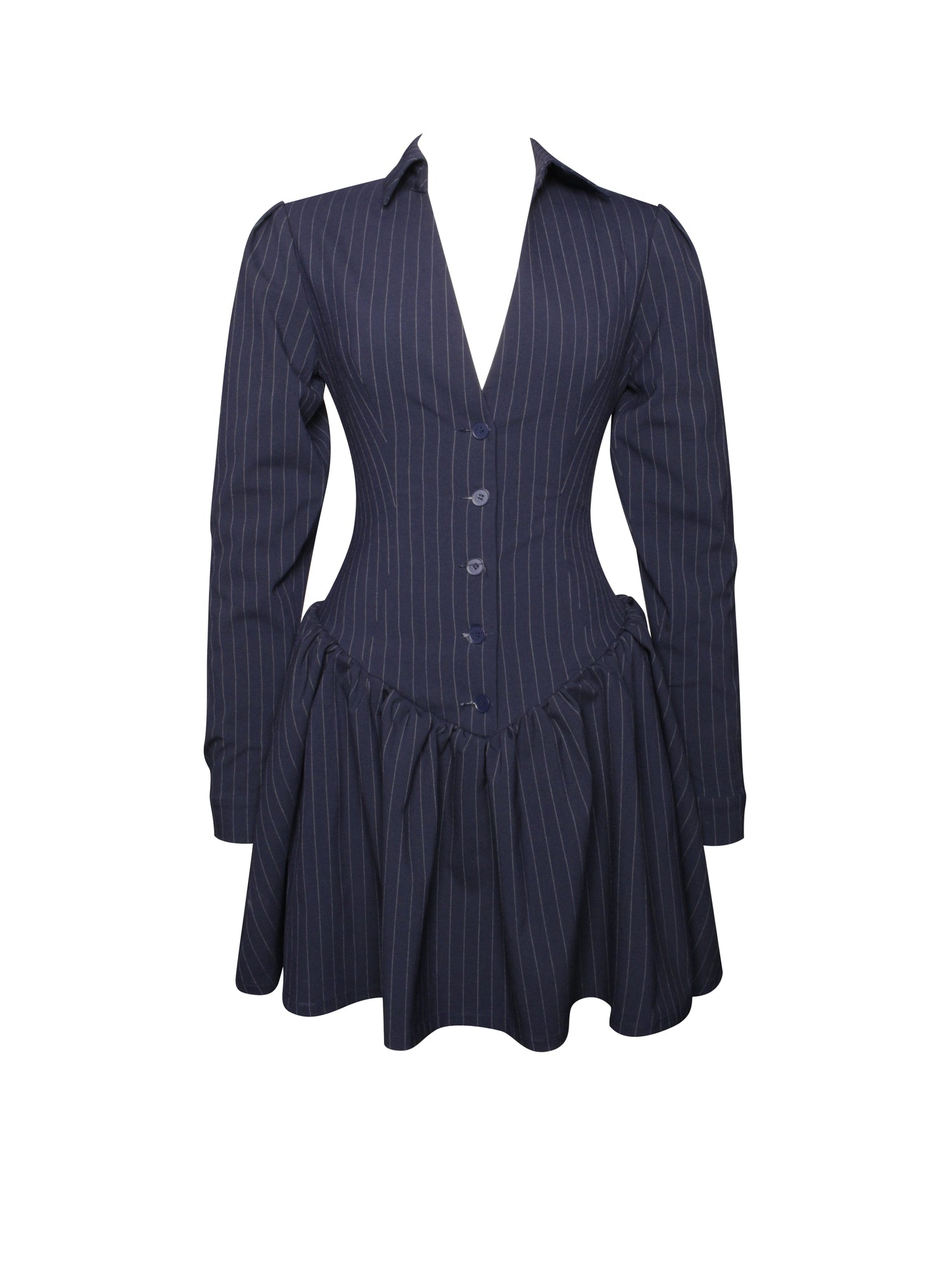 Xabrina Pinstripe Long Sleeve Shirt Mini Dress | Navy Blue