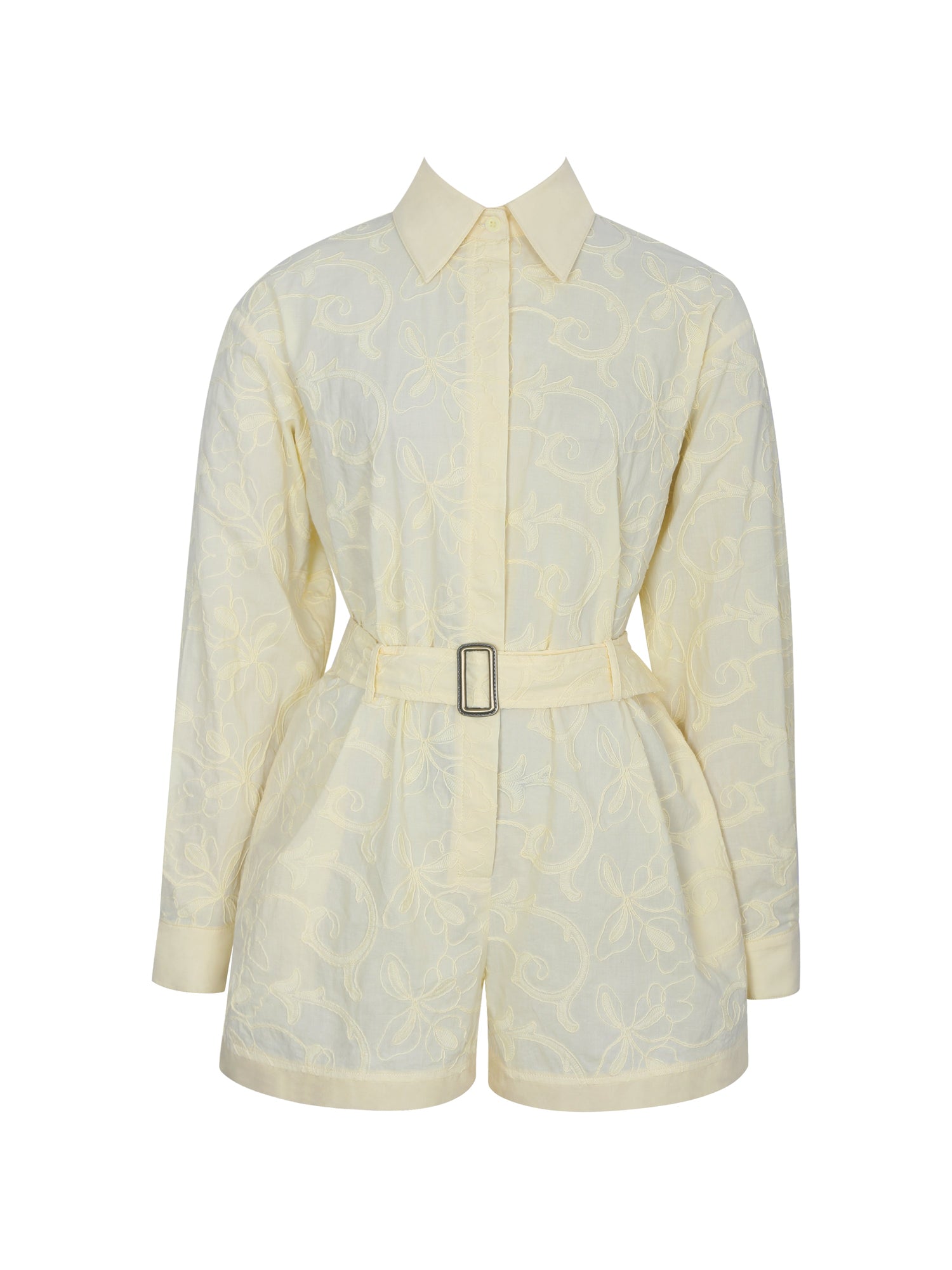 Malou Embroidered Poplin Belted Shirt Romper | Lemon Yellow