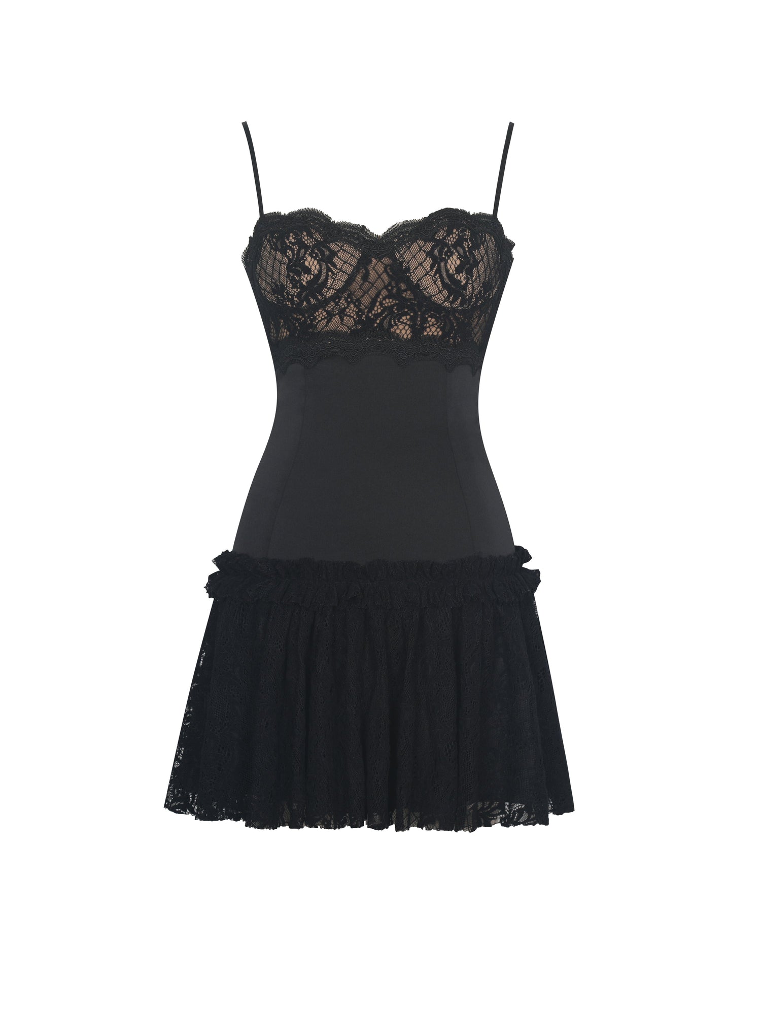 Umra Contrast Lace Sweetheart Gathered Mini Dress | Black