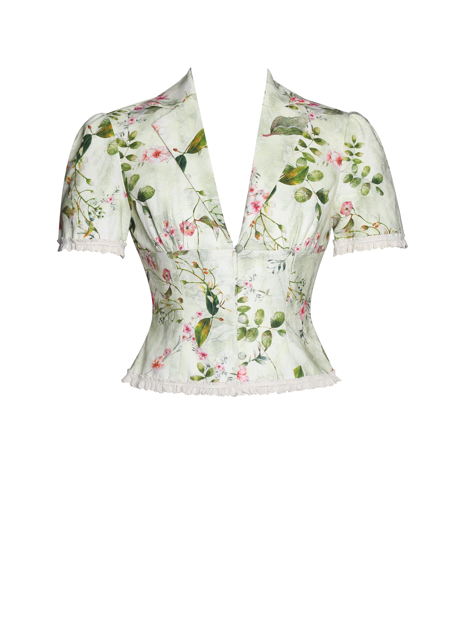 Zanella Floral Print Lace Trim Linen Top | Green