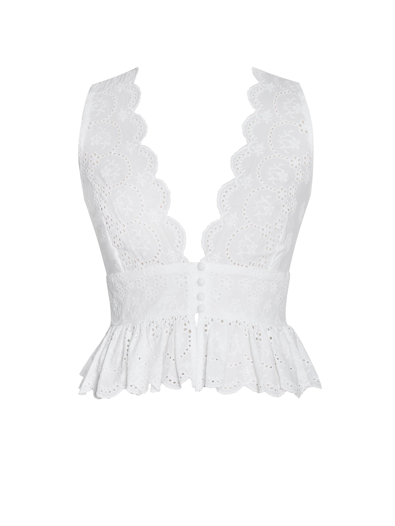 Raia Cotton Eyelet Scallop Trim Top | White