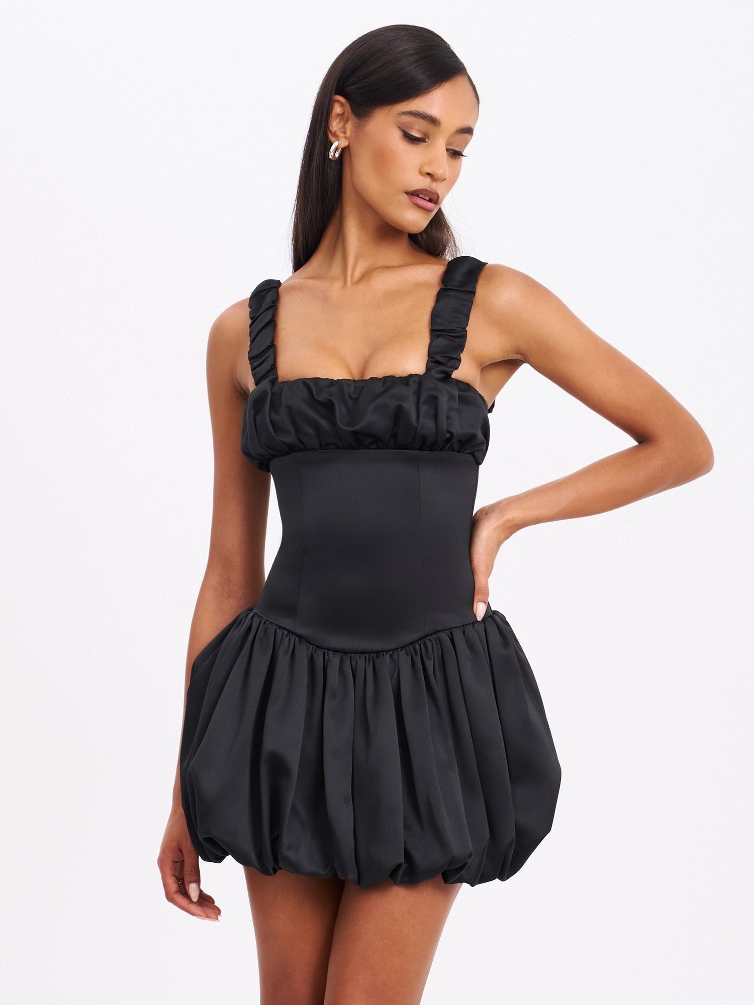 Aubrey Satin Bubble Hem Mini Dress | Black